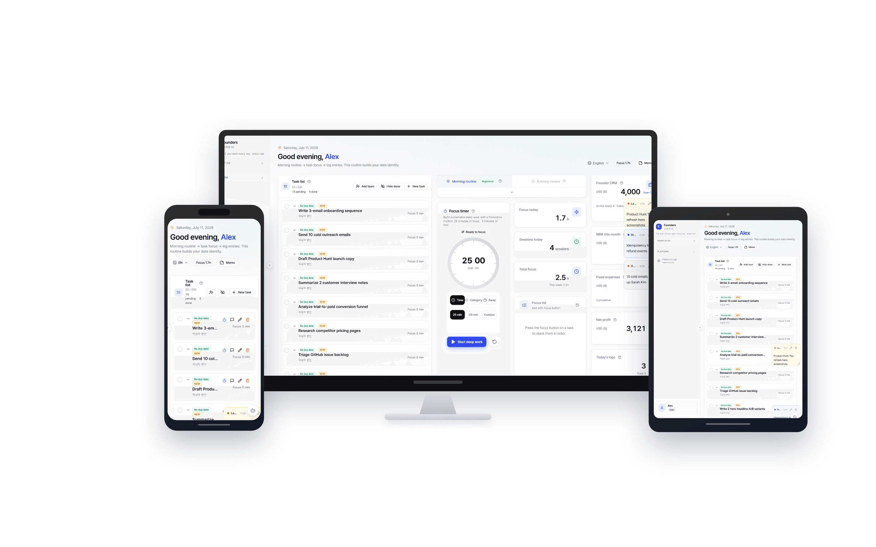 Founders OS responsive tablet and mobile dashboard (Alex)