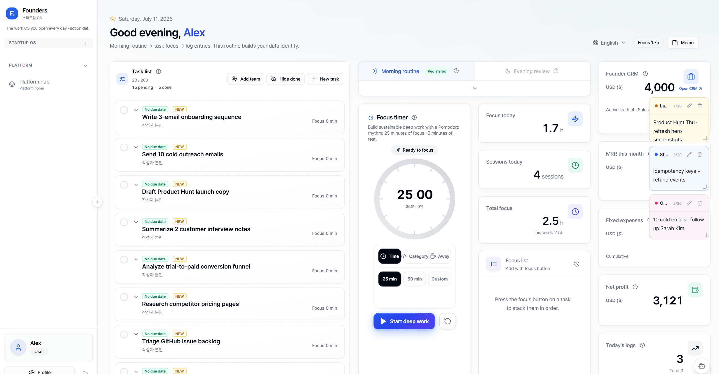 Founders OS desktop dashboard (Alex)